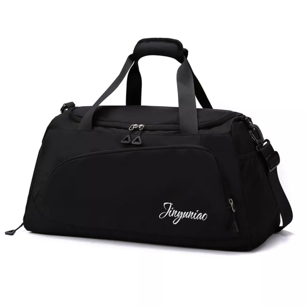 Black medium waterproof duffel bag with multiple pockets and adjustable strap.