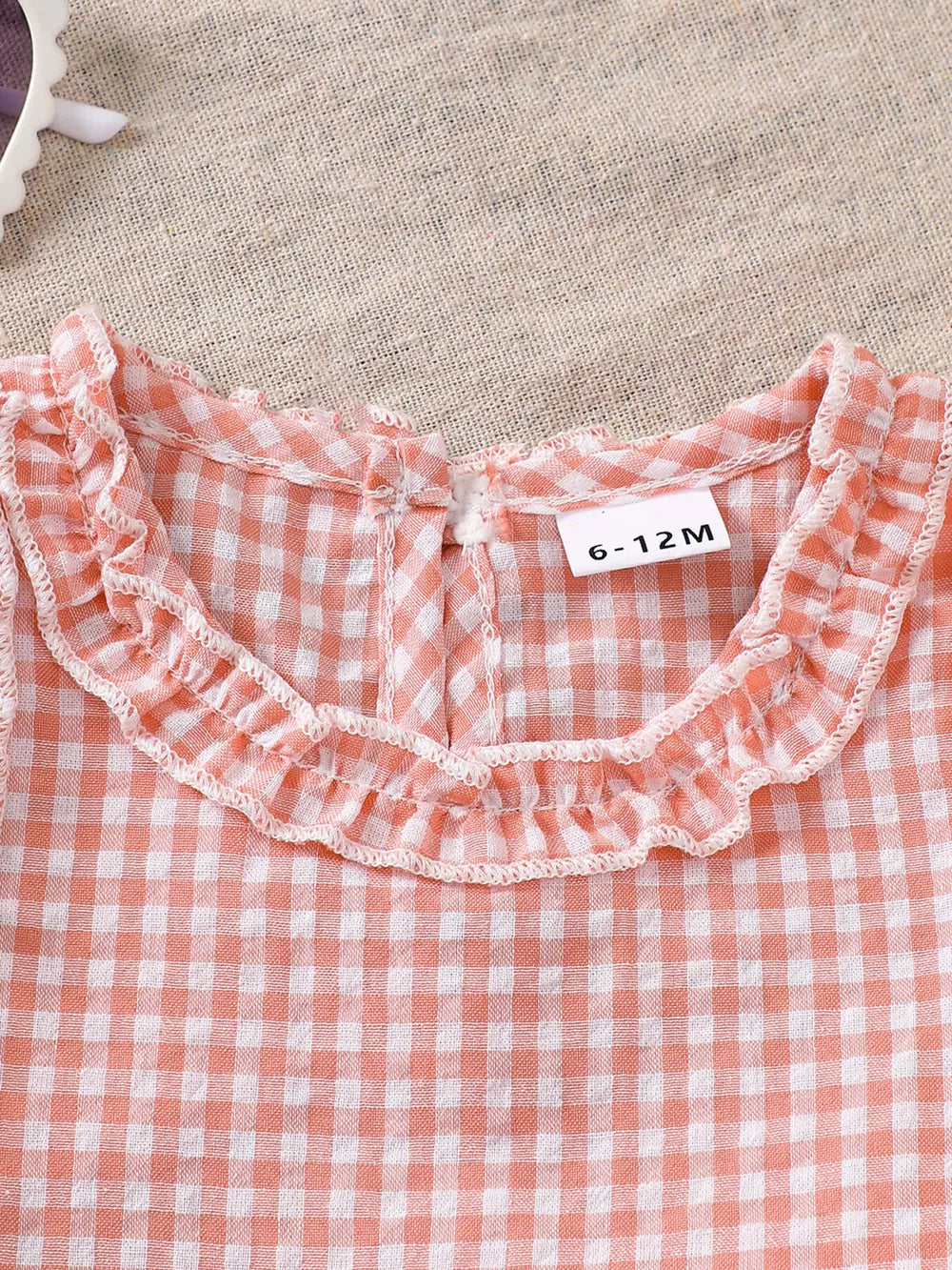 Pink gingham cotton baby set with ruffled collar detail