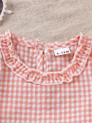 Pink gingham cotton baby set with ruffled collar detail
