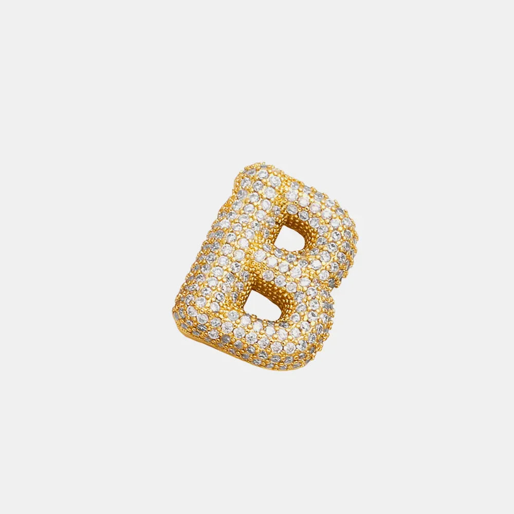 Puffed pave initial pendant necklace in gold with clear crystals, letter B charm