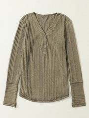 Textured matcha green henley shirt with ribbed cuffs and button placket.