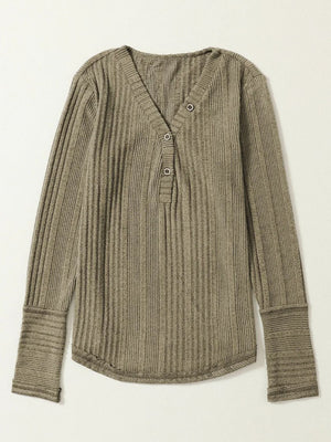 Textured matcha green henley shirt with ribbed cuffs and button placket.