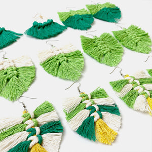 Macramé leaf fringe statement earrings in green, white, and yellow with boho style.