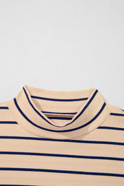 Striped mock neck t-shirt in beige with navy blue stripes, ribbed cotton fabric.