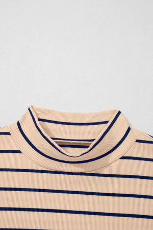 Striped mock neck t-shirt in beige with navy blue stripes, ribbed cotton fabric.