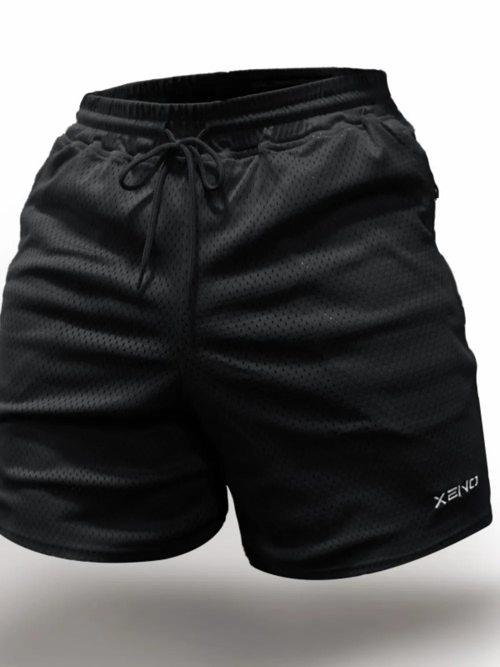 Black performance mesh drawstring shorts with logo detail