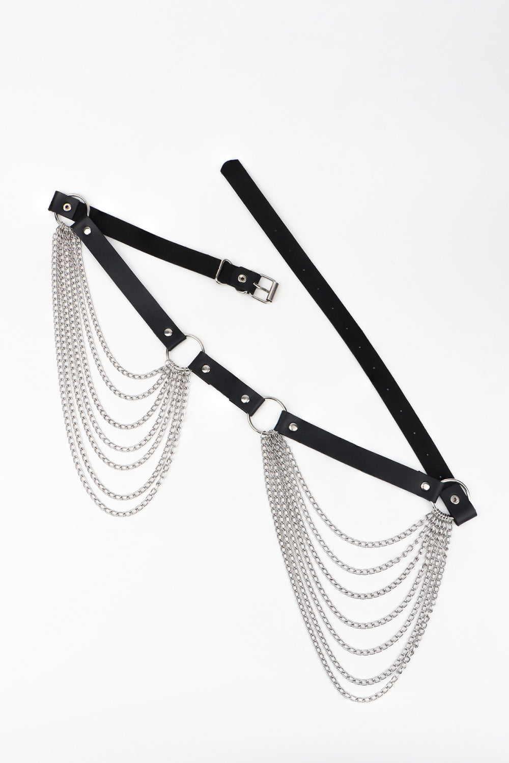Black leather waist harness with cascading silver chains and silver hardware.