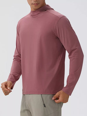 Men's Dusty Pink long sleeve cotton hoodie with a high neckline.