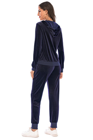 Dark Navy velvet loungewear set with hooded jacket and cuffed joggers.