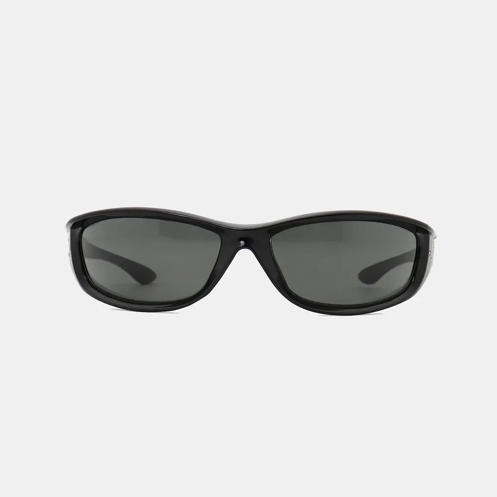 Black sculpted sport sunglasses with dark lenses and a curved frame.