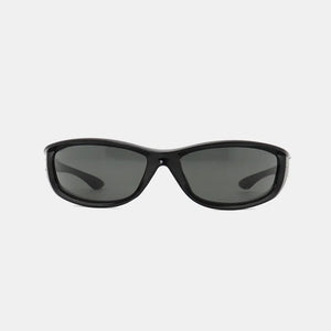 Black sculpted sport sunglasses with dark lenses and a curved frame.