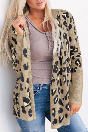 Tan leopard print open-front knit cardigan with long sleeves and a relaxed fit.
