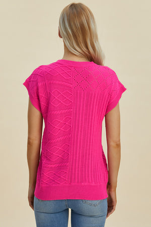 Hot Pink textured knit patchwork top with cable and diamond patterns, short sleeves.