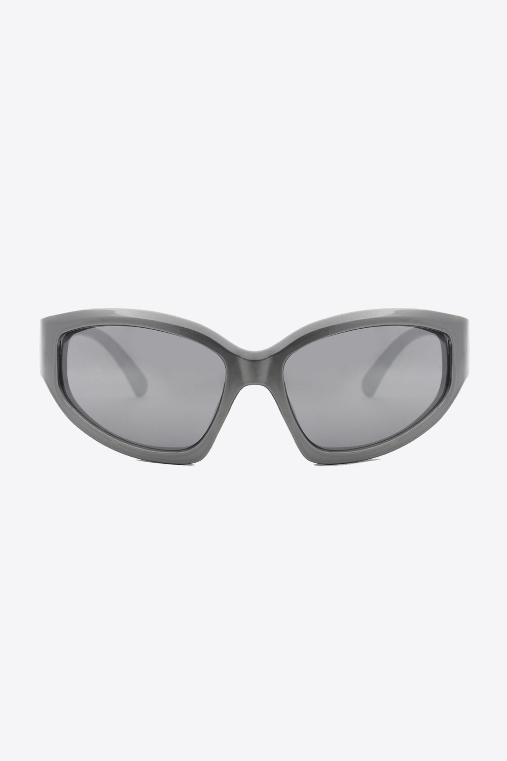 Sculpted Shield sunglasses in mid gray with dark lenses and a bold, angular frame.