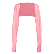 Ribbed knit shrug with extended sleeves in Blush Pink, featuring a cropped fit and long sleeves.
