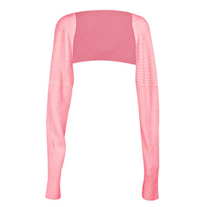 Ribbed knit shrug with extended sleeves in Blush Pink, featuring a cropped fit and long sleeves.
