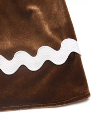 Brown velvet midi skirt with wavy white trim detail