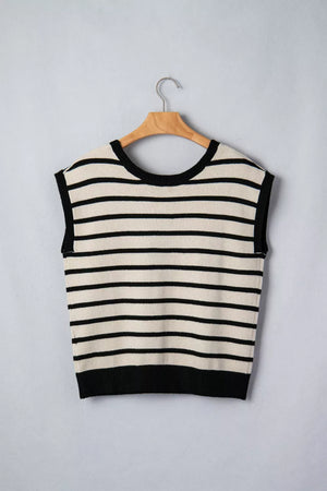 Black and cream striped knit sleeveless top with black trim and crew neck.