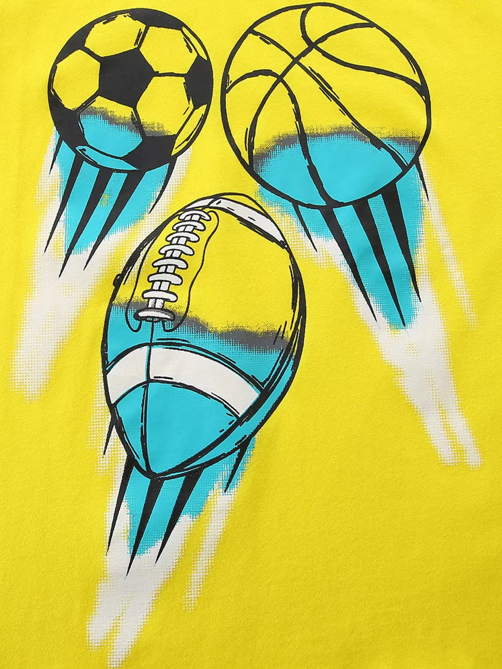 Yellow cotton crew neck t-shirt with graphic of soccer, basketball, and football.
