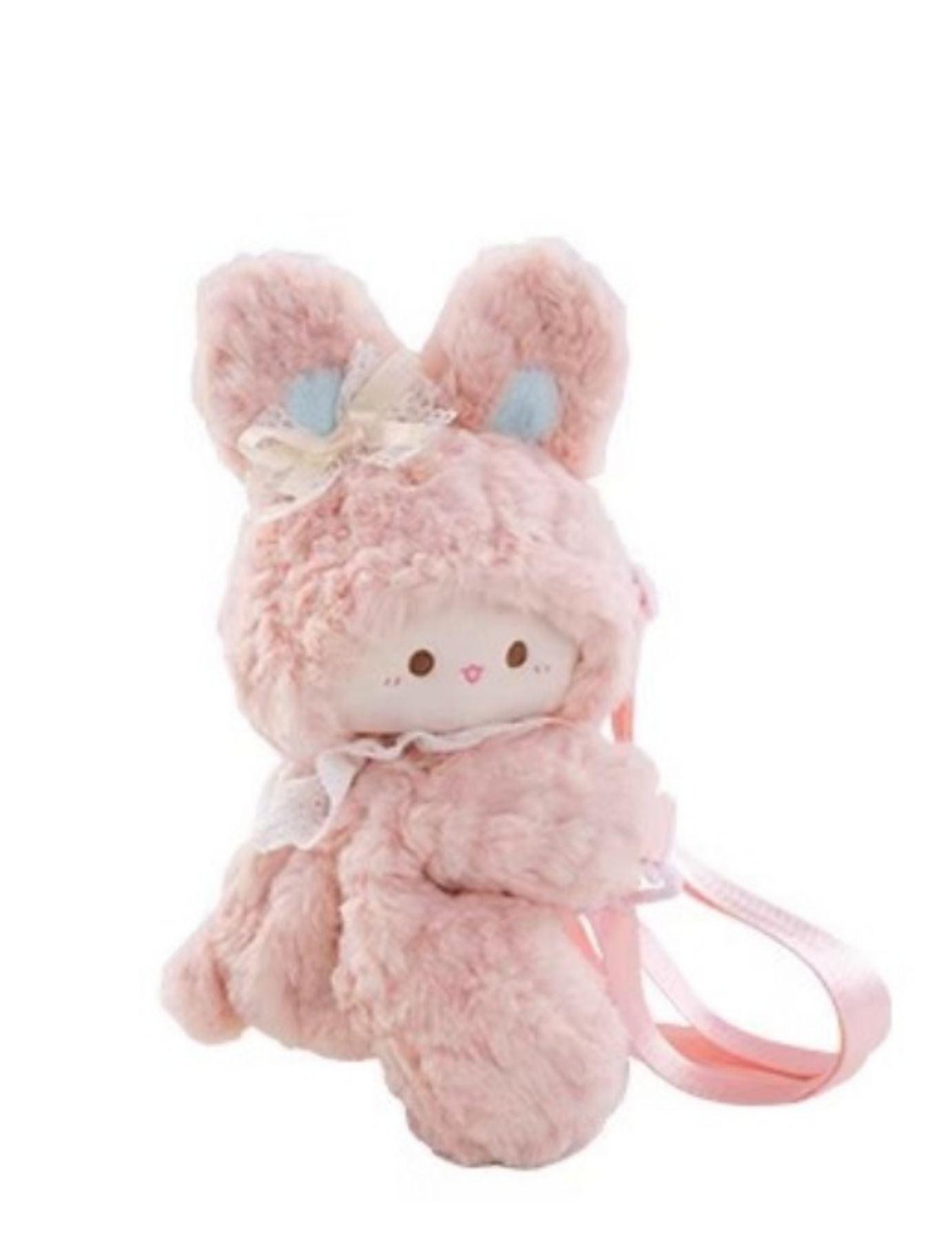 Mini plush bunny backpack in pink with lace trim and bow detail