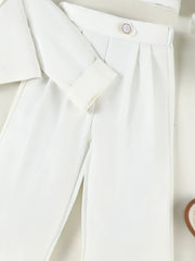 Toddler white blazer set with cropped pants and cuffed sleeves.