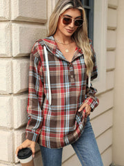 Plaid henley hooded shirt in coffee brown with red and blue accents, featuring a buttoned placket and drawstring hood.