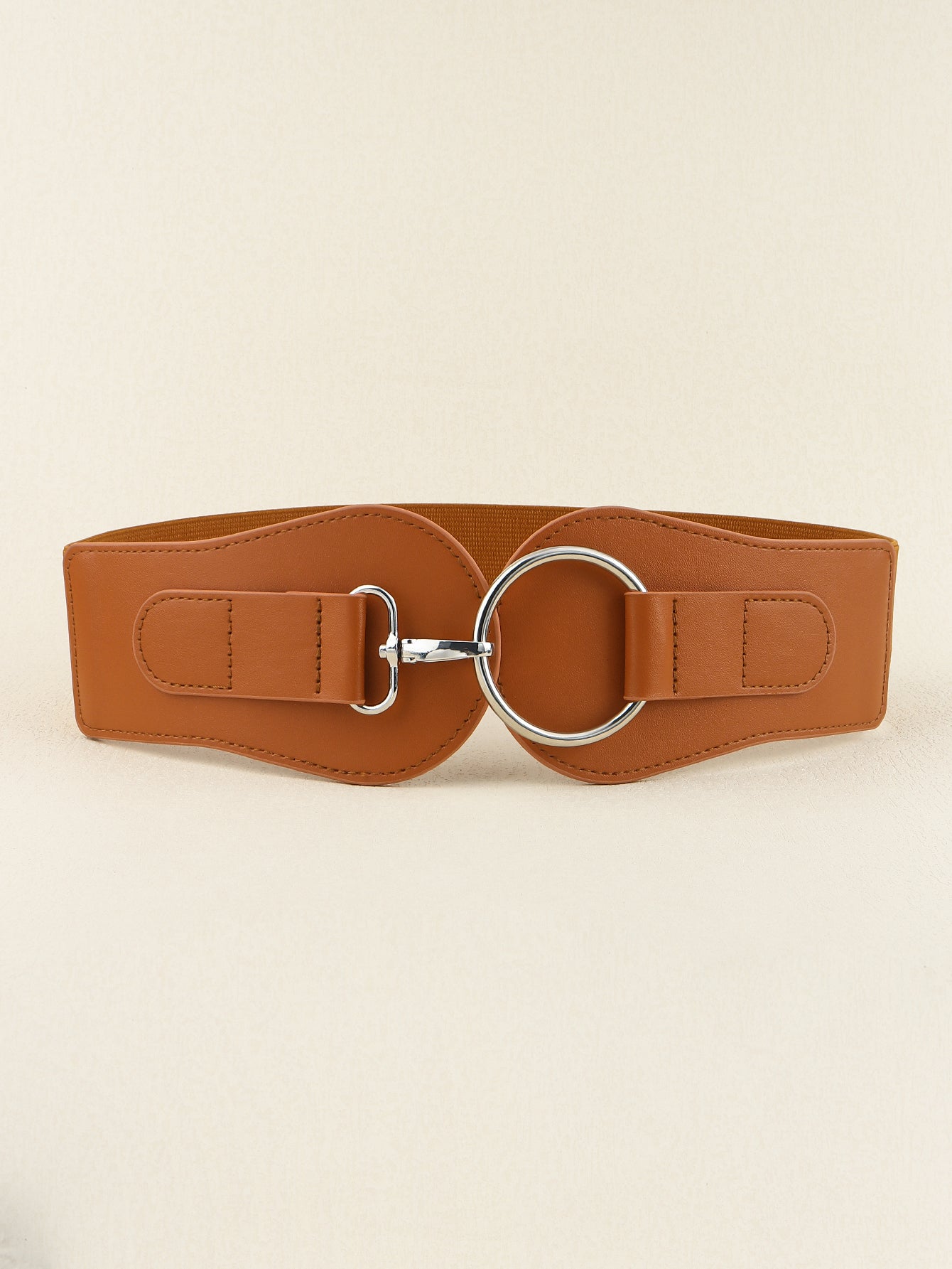 Caramel elastic cincher belt with silver D-ring buckle detail