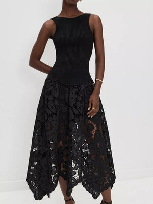 Black midi dress with crochet cutout skirt and ribbed knit top