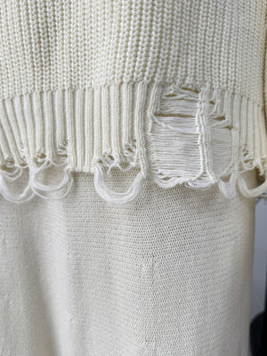 Off white distressed cotton sweater set with deconstructed hem detail