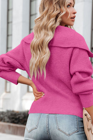 Hot Pink ribbed knit cardigan with shawl collar and balloon sleeves, styled with jeans.