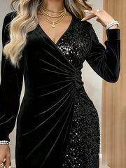 Velvet Sequin Long Sleeve Wrap Dress in Gold, close-up detail