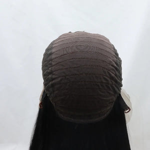 Lace front wig cap construction with black hair.