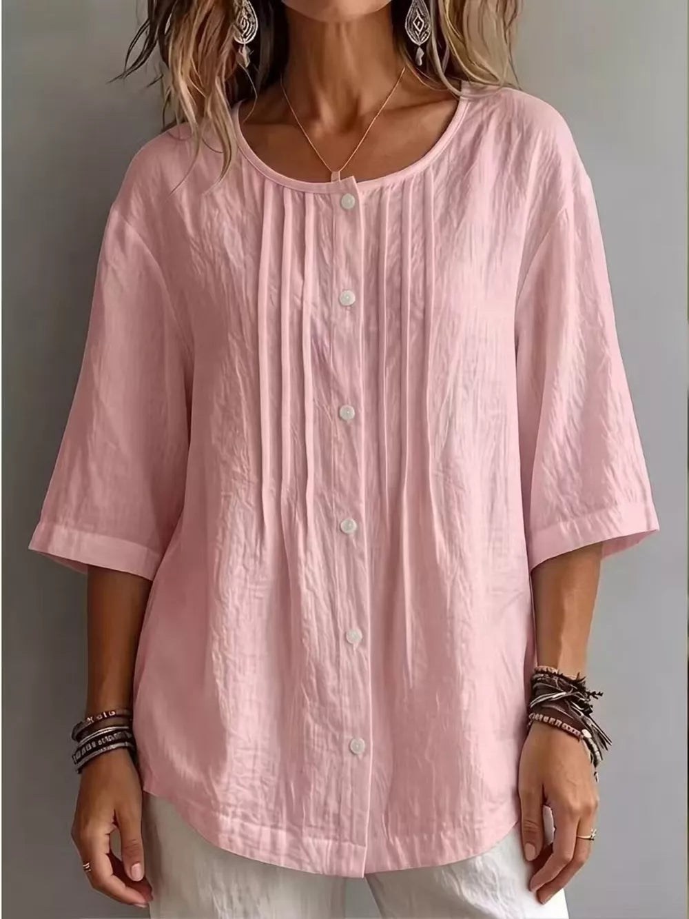 Full Size Texture Round Neck 3/4 Sleeve Blouse, product detail