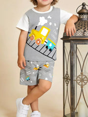 Toddler cotton train print outfit, breathable & comfortable for adventure.