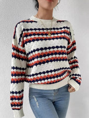 Textured striped knit sweater with bubble knit detail in white, coral, and navy.
