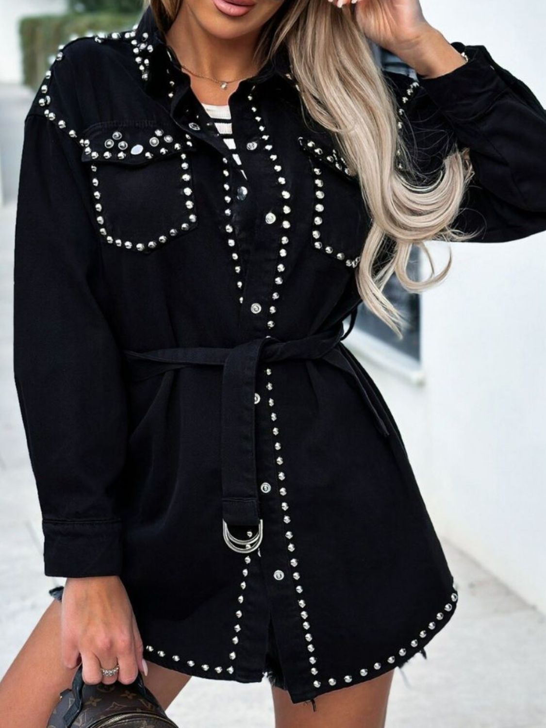 Black studded denim shirtdress with belted waist and silver hardware