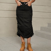Black denim midi cargo skirt with adjustable ruching and side pockets
