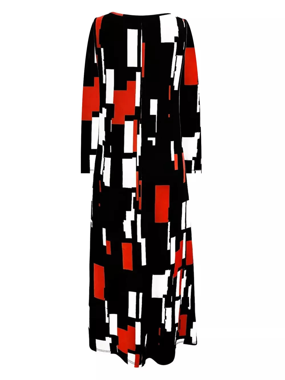 Maxi dress with long sleeves, black, red, and white geometric print, and pockets.