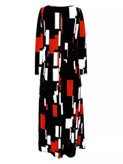 Maxi dress with long sleeves, black, red, and white geometric print, and pockets.