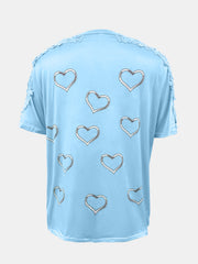 Sky blue t-shirt with heart print and lace trim detail on shoulders and sleeves.