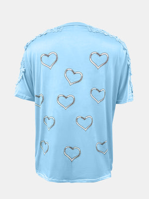 Sky blue t-shirt with heart print and lace trim detail on shoulders and sleeves.