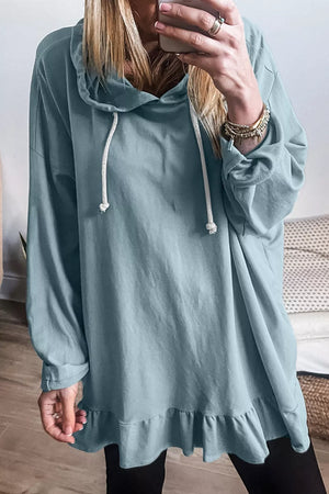 Solid Ruffled Hem Loose Fit Tunic Hoodie in Light Blue, front view