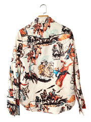 Milky white long sleeve button-up maternity shirt with a multicolor rodeo print.