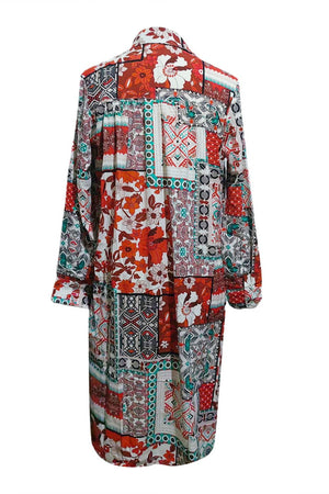 Patchwork print duster shirt jacket with button front and long sleeves.
