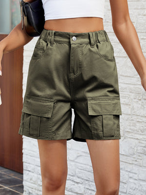Army green cargo shorts with elasticated waist and utility pockets