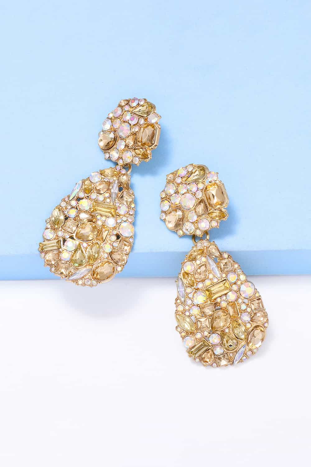 Gemstone cluster drop earrings with gold alloy settings and multicolor acrylic gems.