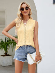 Light yellow scalloped eyelet tank top with center lace detail and V-neck
