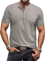 Gray short sleeve Henley tee with button placket and subtle washed finish