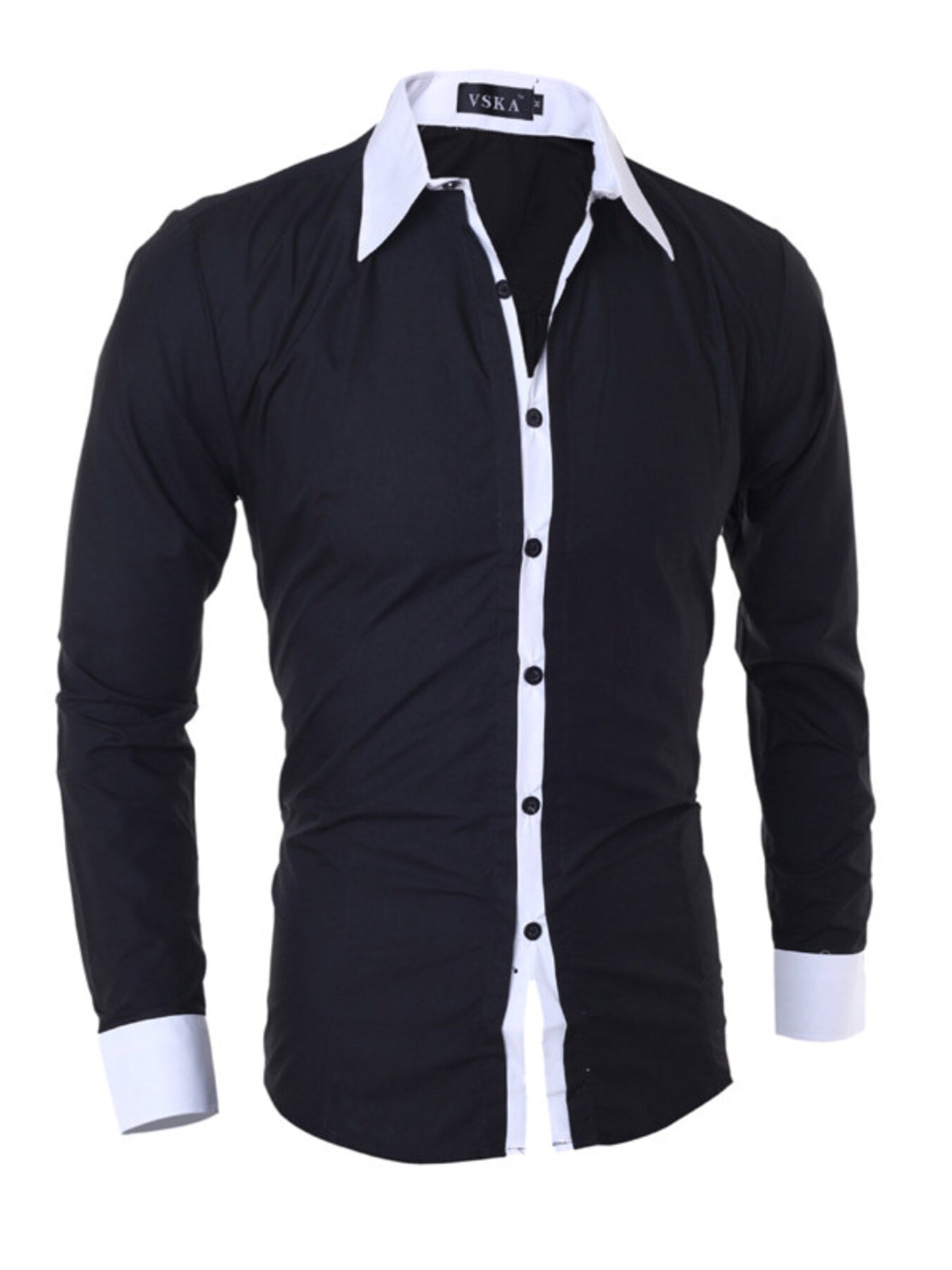 Men's black slim fit long sleeve shirt with white collar and cuffs