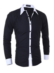 Men's black slim fit long sleeve shirt with white collar and cuffs